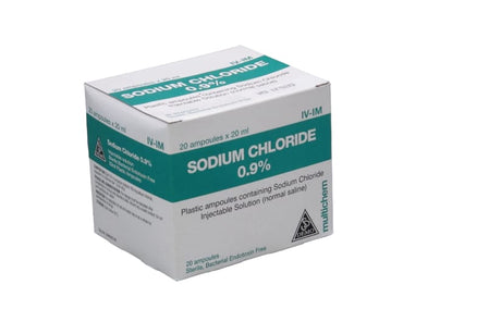Sodium Chloride Injection Box of 20: sterile, isotonic solution for electrolyte replenishment and irrigation in medical settings.