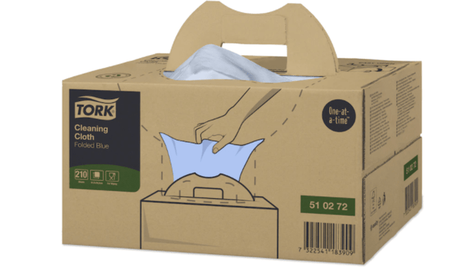 Tork W7 folded cleaning cloths in blue, eco-friendly, 210 sheets, designed for efficient one-at-a-time dispensing.