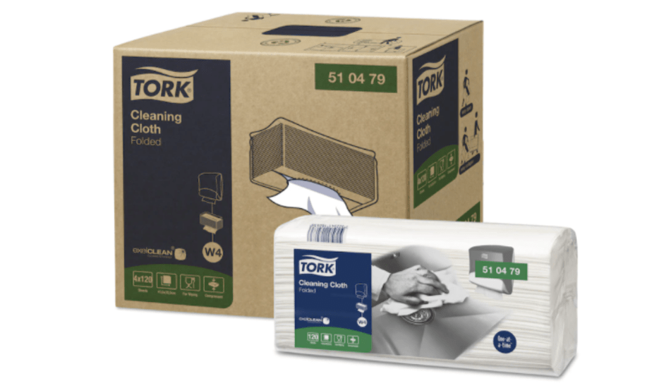 Tork Cleaning Cloth Folded White W4 in a 120-pack, eco-friendly, soft, and flexible for efficient, one-at-a-time dispensing.