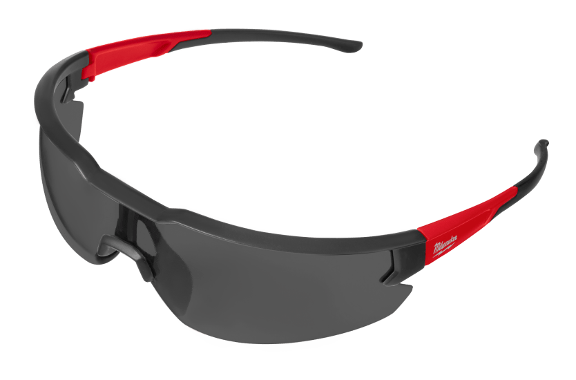 Milwaukee Tinted Safety Glasses featuring a flexible nose bridge, rubber arms, and UV protection for outdoor comfort and safety.