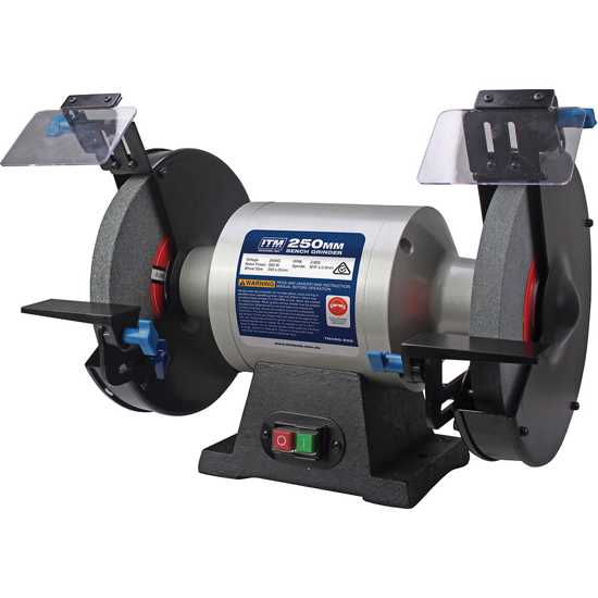 ITM 250mm bench grinder with 900W motor, cast iron body, and adjustable tool rests for precision grinding and safety.