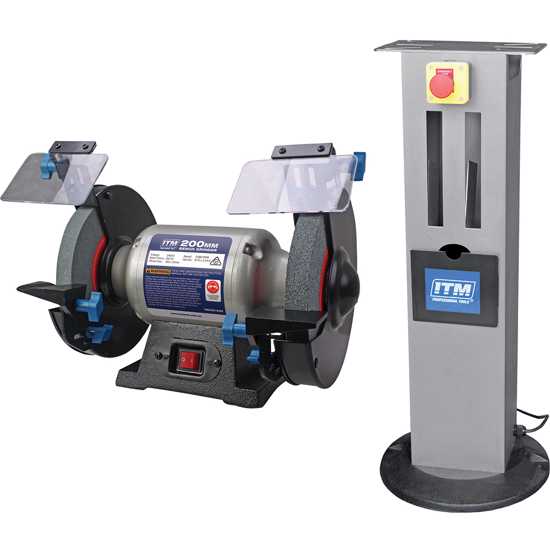 ITM 200mm bench grinder with sturdy stand, 600W motor, eye shields, heavy-duty tool rests, and smooth operation features.