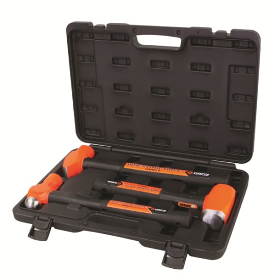 Groz 3 Piece Hammer Kit featuring indestructible handles, includes Club, Ball Pein, and Cross Pein hammers for versatile use.