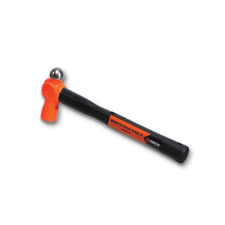 Groz 16oz ball pein hammer with indestructible handle and ergonomic grip, ideal for metalworking and construction tasks.