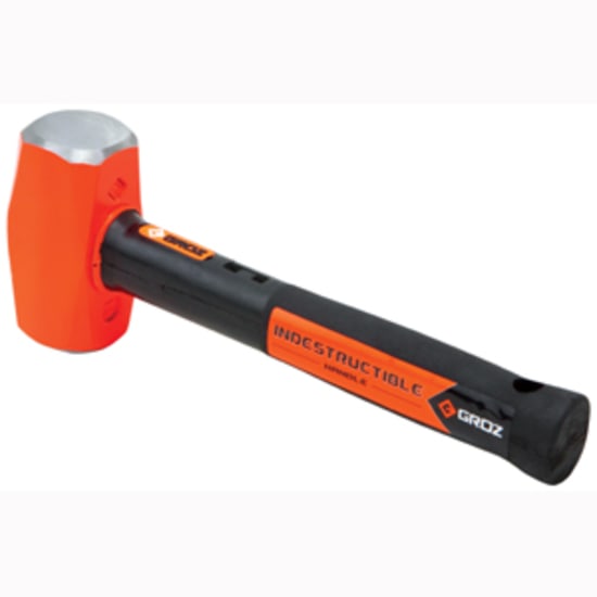 Groz Indestructible Handle Club Hammer with ergonomic grip, heavy-duty steel head, and six steel bar handle for durability.