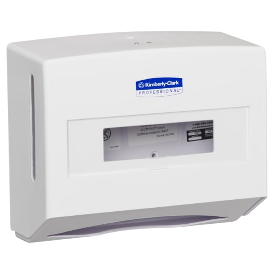 Kimberly-Clark single sheet wiper dispenser in white ABS plastic, designed for hygienic, efficient towel dispensing.