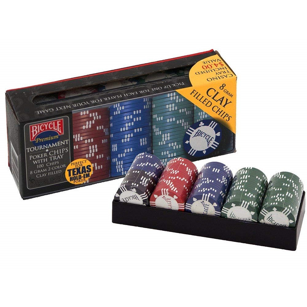 Bicycle 8 Gram Clay Poker Chip Set 100 Count with Casino Tray - Playing Cards