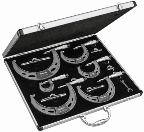 Starrett Outside Micrometer Set S444MCXRLZ-0-150mm with six precision micrometers, metal case, and carbide anvils for accurate measurements.