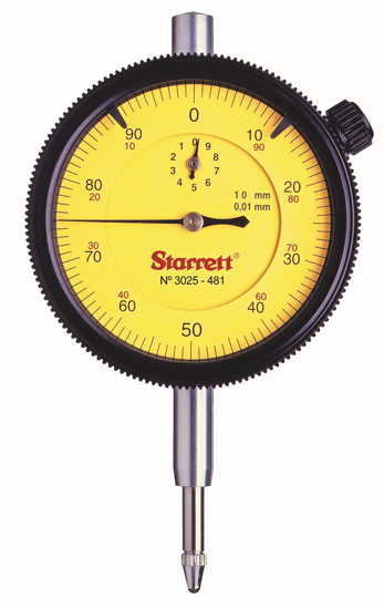 Starrett Dial Indicator 3025-481, a precision tool with 57mm dial, 0.01mm accuracy, protective cap, and adjustable markers.