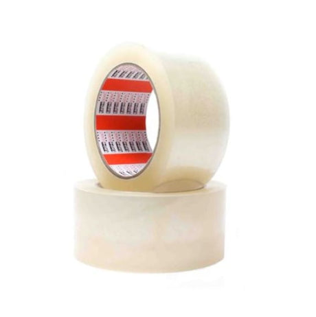 Clear FPR1 Rubber Adhesive Hand Tape, 48mm x 100m, ideal for secure packaging on various surfaces and food-grade applications.