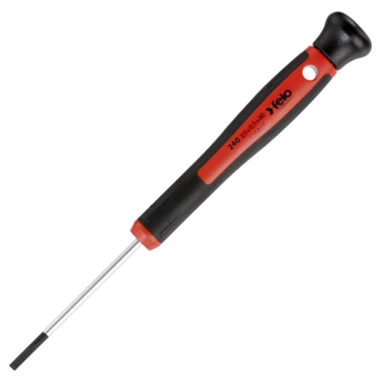 Felo 240 Series Flat Screwdriver 2.5 x 60mm features superior torque, soft grip, and a rotating cap for precision tasks.