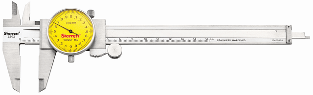 Starrett Dial Caliper 3202M-150 with yellow face for precise 0-150mm measurements; ideal for engineering and metalworking tasks.