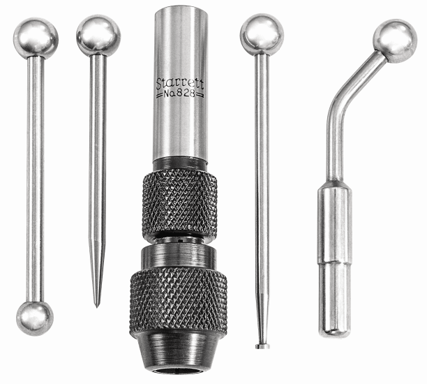 Starrett 5 Piece Wiggler/Centre Finder Set with multiple attachments for precision alignment in machining and woodworking projects.