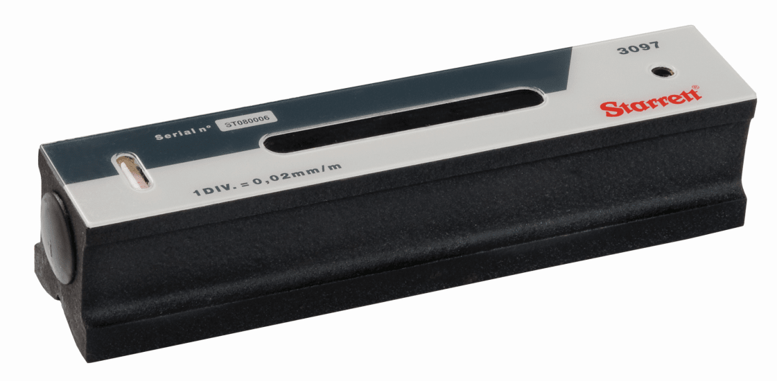 Starrett Precision Level 3097Z-200mm in aluminum case with main and auxiliary vials for accurate leveling and durability.