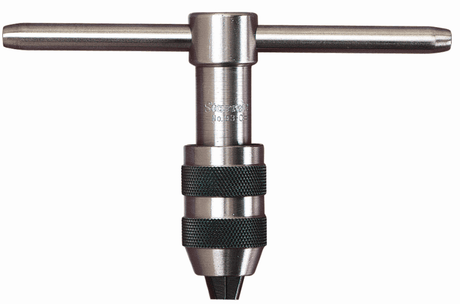 Starrett T-Handle Tap Wrench-90mm, a durable tool for precise tapping and drilling, accommodates tap sizes 1/4 to 1/2 inch.