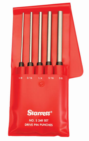 Starrett 5 Piece Drive Pin Punch Set in a vinyl case, featuring knurled grips and sizes 1/8" to 3/8" for precise driving.