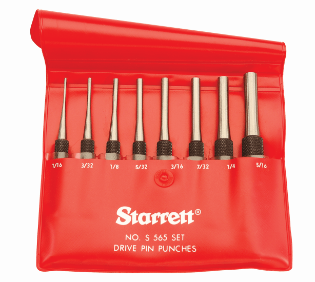 Starrett 8 Piece Drive Pin Punch Set featuring precise sizes, knurled grip, and durable protective case. Perfect for professionals.