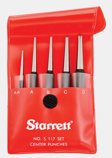 Starrett 5 Piece Centre Punch Set with precision tips, knurled grip, and sizes 1/16 to 5/32 inches in a protective case.