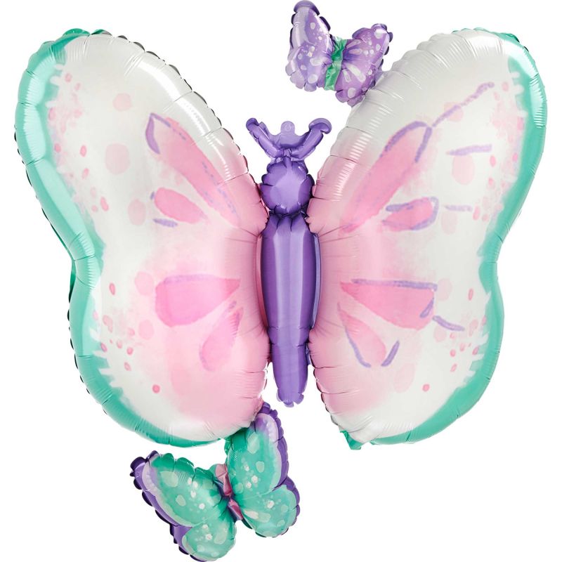 Vibrant 73cm x 71cm butterfly foil balloon, perfect for celebrations and events, designed with intricate details and bright colors.