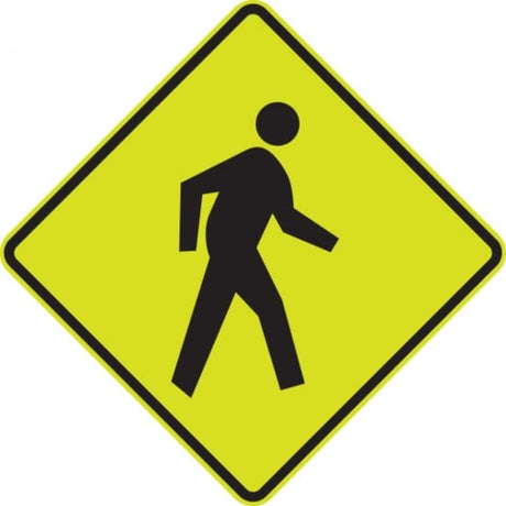 Large yellow pedestrian sign (750mm x 750mm) made of durable aluminium for visibility and safety in high foot traffic areas.