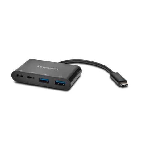 Kensington CH1000 USB-C 4 Port Hub in black, featuring 2 USB-A and 2 USB-C ports for fast, portable connectivity.