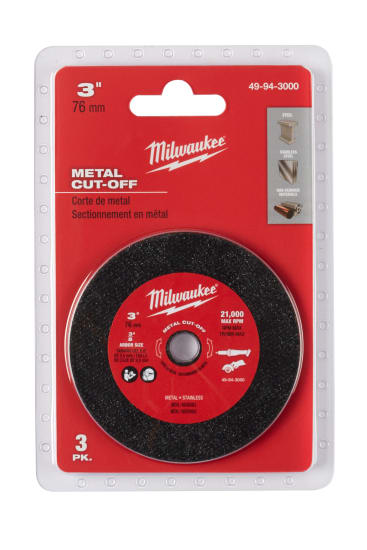 Milwaukee Metal Cut-Off Wheel 76x1x10mm 3-Pack for precise metal cutting, max speed 21,000 RPM, compatible with M12 FUEL tool.