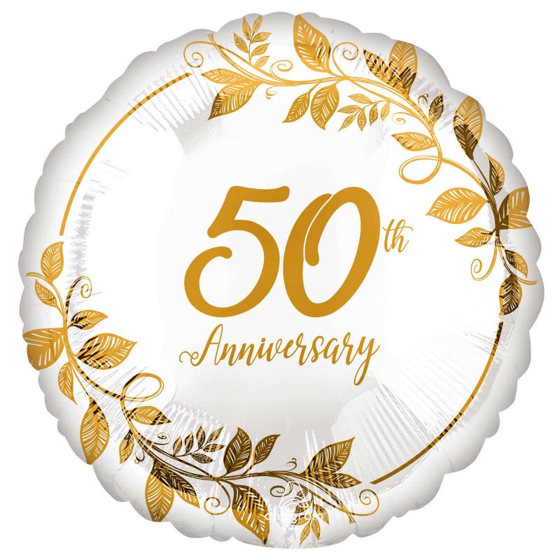 45cm Happy 50th Anniversary foil balloon with vibrant colors for celebrating a golden milestone in style.