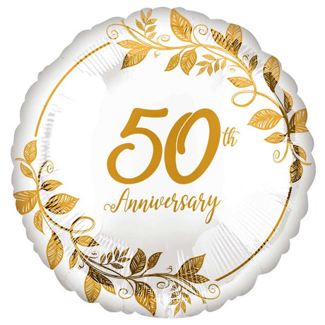 45cm Happy 50th Anniversary foil balloon with vibrant colors for celebrating a golden milestone in style.