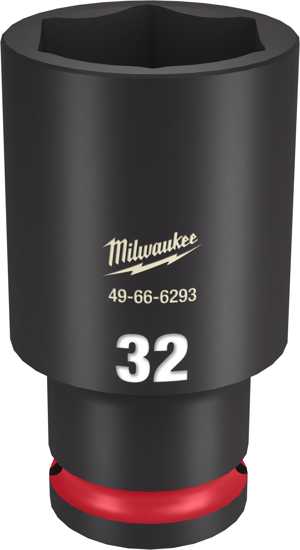 Milwaukee Shockwave 1/2" drive 32mm deep impact socket featuring durable forged steel and non-slip hex design for secure grip.