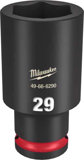 Milwaukee 29mm Shockwave Deep Impact Socket for 1/2" drive, forged steel, non-slip hex, high torque, and lifetime guarantee.