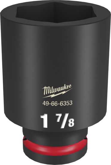 Milwaukee 3/4" drive deep impact socket, 1-7/8", forged steel, 6-point design, non-slip grip, lifetime guarantee.