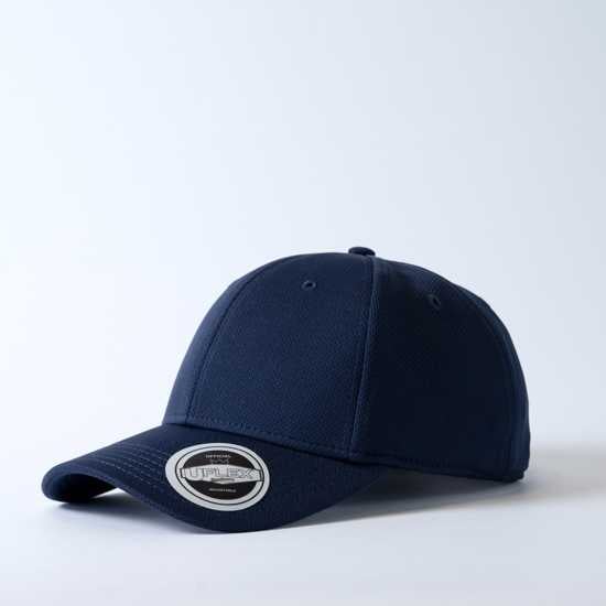 Navy UFlex cap made from recycled polyester, featuring adjustable back, breathable mesh, and anti-bacterial sweatband.