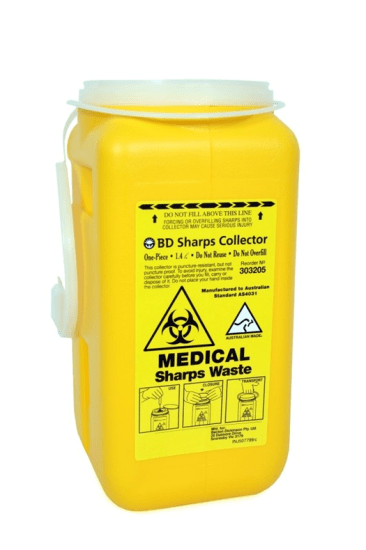 BD Sharps Disposal Container: 1.4L, FDA-approved, durable design for safe needle and syringe disposal in medical settings.