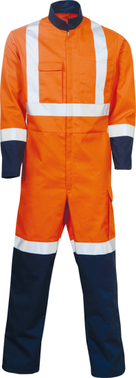 Workhorse TTMC-W17 Cotton Zip Overalls in Fluro Orange/Navy, size 13, featuring high visibility, multiple pockets, and comfort fit.