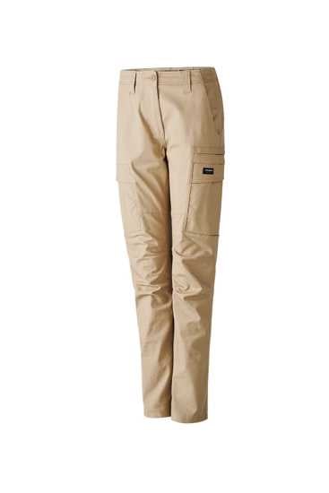 Khaki women's cargo pants with curved fit, cooling vents, stretch waistband, and 9 pockets for work and outdoor activities.