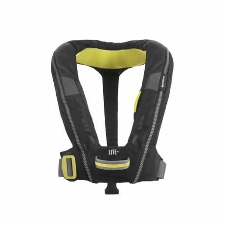 Lightweight black lifejacket with 170N buoyancy, automatic inflation, and secure fit for water activities like sailing and fishing.