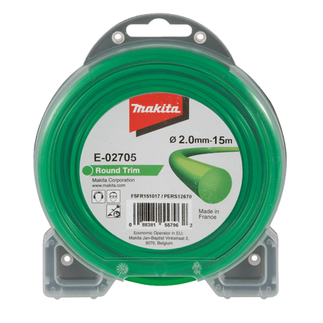 Makita 2mm x 15m round nylon trimmer line in green, designed for quiet, durable use with select Makita trimmers.