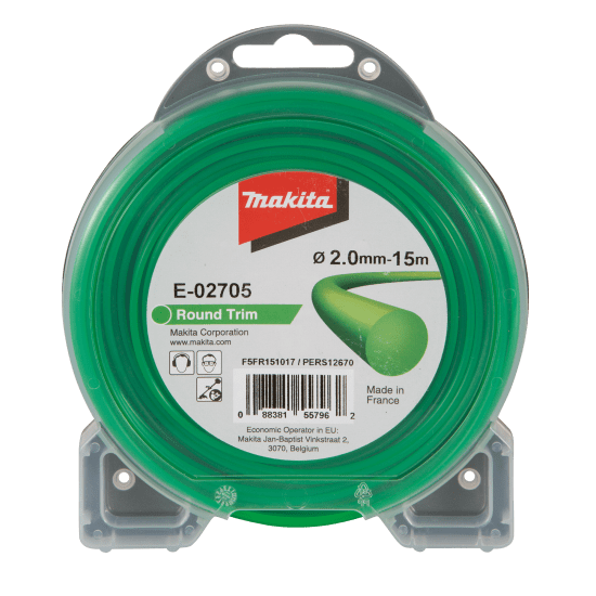 Makita 2mm x 15m round nylon trimmer line in green, designed for quiet, durable use with select Makita trimmers.