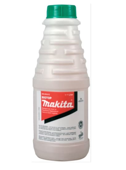 Eco-friendly 1L Makita Biotop Oil for chainsaws, biodegradable with excellent adhesion, suitable for multiple models.