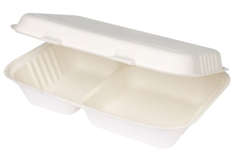 Huhtamaki compostable clamshells, 9x6x3 inches, eco-friendly food packaging, ideal for takeout and catering.