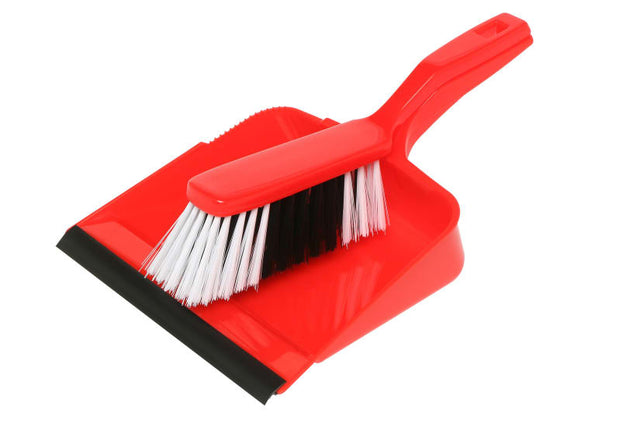 Edco Dust Pan and Brush Set in red, featuring flexible design, premium bristles, and enhanced grip for effective cleaning.