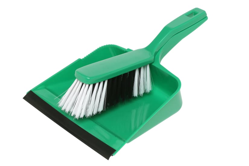 Edco green dust pan and brush set, featuring flexible design and premium flagged bristles for efficient cleaning and dust pick-up.