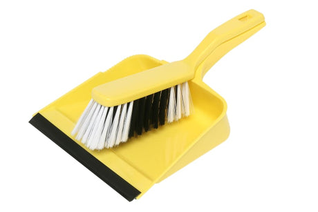 Edco Dust Pan and Brush Set in yellow, designed for efficient dust collection with flexible materials and flagged bristles.