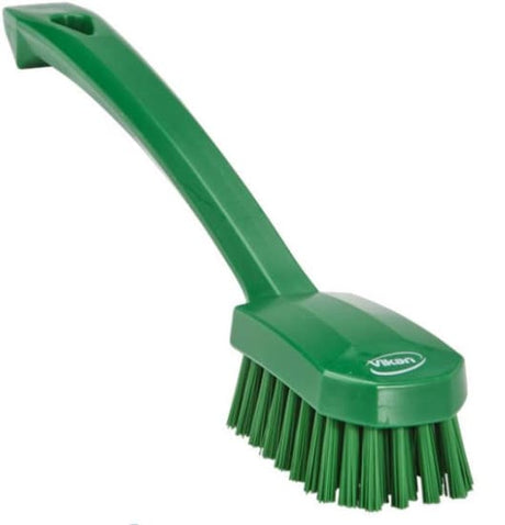 Vikan Utility Brush Medium Bristle Green, 260mm, ergonomic design for safe, efficient cleaning of small surfaces in the kitchen.