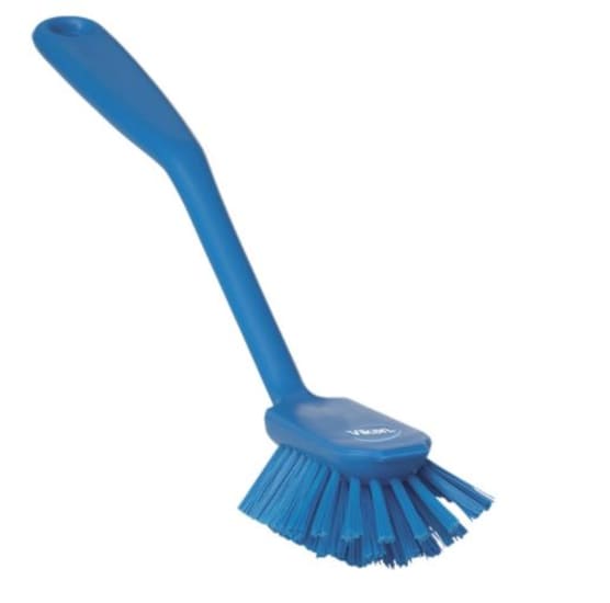 Vikan Heavy Duty Blue Dish Brush, 280mm, features angled bristles and scraper for effective cleaning in tight spaces.