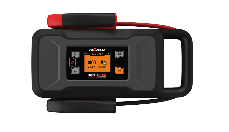 Compact Projecta Intelli-Start Lithium Jumpstarter 2000A efficiently starts 12V/24V vehicles, features a built-in LED light.