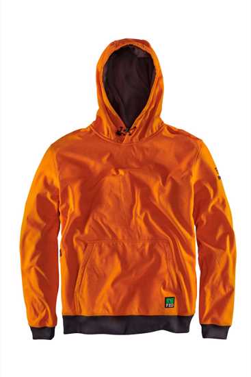 Orange FXD Fleece Hoodie WF-1 in size L, featuring windproof, water-resistant fabric and internal phone pocket for outdoor comfort.