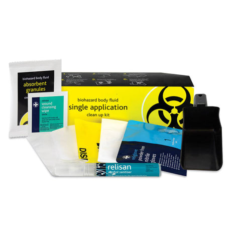 Body Fluid Clean-Up 1 Application Kit with disinfectant, absorbent granules, gloves, wipes, and biohazard bag for safe spill management.