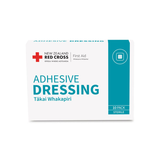 Red Cross Adhesive Dressings, 5cm x 7.5cm, box of 10, sterile and low-allergy for effective wound care and comfort.