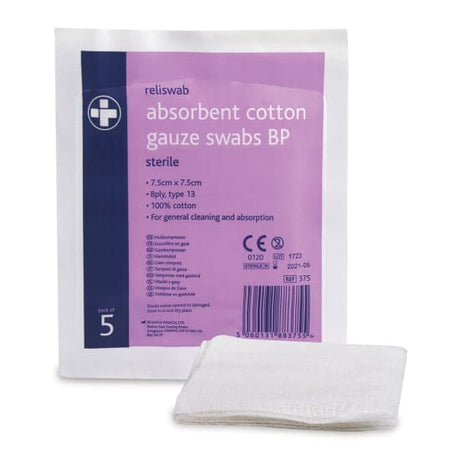 Absorbent cotton gauze swabs in a pack of 5, measuring 7.5cm x 7.5cm, designed for effective wound care and hygiene.